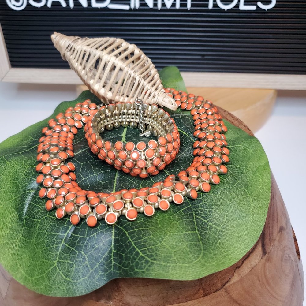 Coral Bead & Gold Tone Tribal Wedding Collar and Cuff/Bracelet